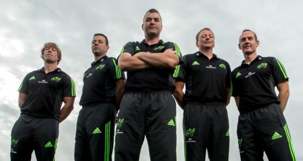 Munster’s new home grown coaching team:  Scrum coach Jerry Flannery, assistant coach (attacking/backs) Brian Walsh, head coach Anthony Foley, technical advisor/ Munster A head coach Mick O’Driscoll and assistant coach (skills and defence) Ian Costello. Photograph: James Crombie/Inpho