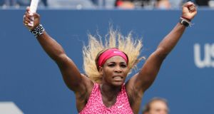 Serena Williams, of the United States, reacts after a point against Kaia Kanepi, of Estonia, during the fourth round of the 2014 U.S. Open tennis tournament, Monday, Sept. 1, 2014, in New York. (AP Photo/Charles Krupa)