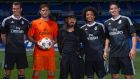 Designer Yohji Yamamoto with Real Madrid players Gareth Bale, Iker Casillas, Marcelo and James Rodriguez. Photograph: Denis Doyle/Getty 
