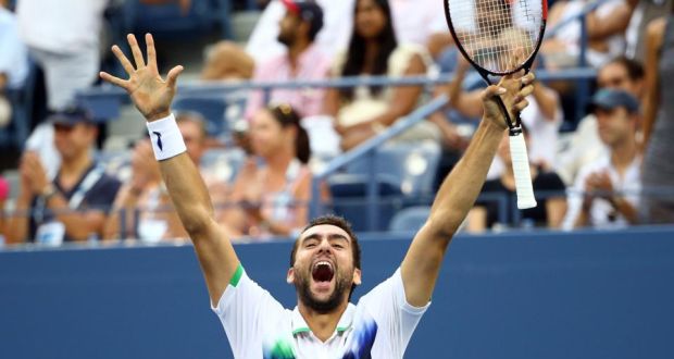 Croatia’s Marin Cilic  celebrates after defeating Roger Federer of Switzerland during their men’s singles semi-final at the   US Open in  New York. Photograph: Streeter Lecka/Getty Images