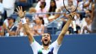 Croatia’s Marin Cilic  celebrates after defeating Roger Federer of Switzerland during their men’s singles semi-final at the   US Open in  New York. Photograph: Streeter Lecka/Getty Images