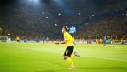 Borussia Dortmund’s Ciro Immobile celebrates after scoring  against Arsenal during their Champions League Group D game. Photograph: Kai Pfaffenbach / Reuters 