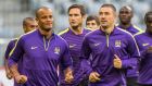 Manchester City players (L-R) Vincent Kompany, Frank Lampard and Aleksandar Kolarov during their  training session in Munich on Tuesday. Photograph: Marc Mueller / EPA