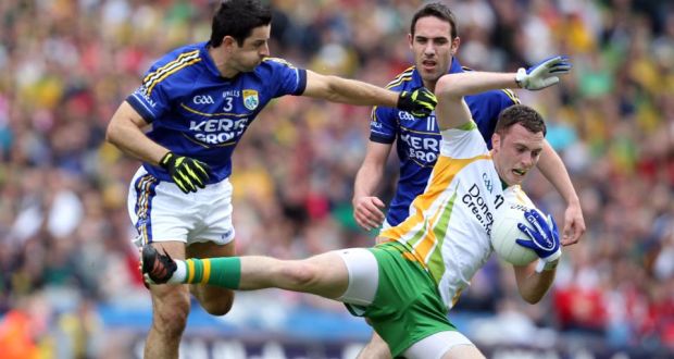 Donegal’s Leo McLoone is challenged by Aidan O’Mahony of Kerry in 2012’s All Ireland senior football championship quarter-final in Croke Park, which the northerners won en route to an All-Ireland title. Photograph: Colm O’Neill/Inpho