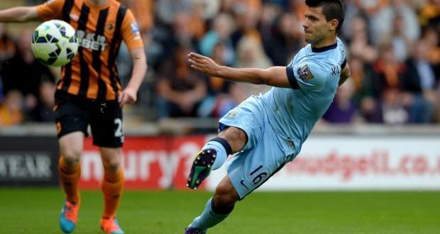 Sergio Agüero of Manchester City scores the opening goal against Hull City   at KC Stadium. Photograph:  Gareth Copley/Getty Images