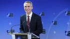 Jens Stoltenberg: the new Nato secretary general  gives his first press conference at the alliance’s headquarters in Brussels, Belgium, yesterday. Photograph: Olivier Hoslet/EPA