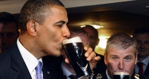 Barack Obama in Ollie Hayes’s pub during his visit to Moneygall in 2011. Photograph: Charles Dharapak/AP Photo
