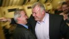 Independent candidate Michael Fitzmaurice (right) is greeted as he arrives at the Roscommon South Leitrim byelection count at Roscommon Gaels GAA club. Mr Fitzmaurice beat favourite Ivan Connaughton and win the seat. Photograph: Brian Farrell.