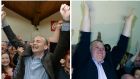 The winners: Anti-Austerity Alliance candidate Paul Murphy celebrates taking the Dublin South West byelection (left) and Michael Fitzmaurice (Independent) savours his victory in the Roscommon South-Leitrim byelection. Photographs: Alan Betson/The Irish Times and Brian Farrell. 