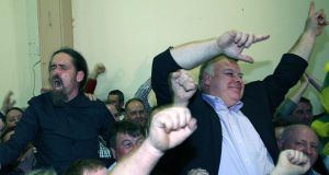 Newly elected Independent TD Michael Fitzmaurice (right) celebrates winning the Roscommon South Leitrim byelection with MEP Luke Ming Flanagan. Photograph: Brian Farrell.