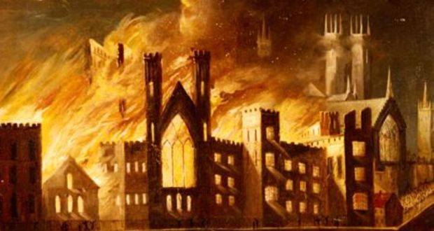 A contemporary painting by an unknown artist of the Palace of Westminster on fire in 1834. Copyright: Parliamentary Art Collection