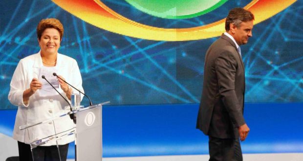 Brazil’s presidential candidates Dilma Rousseff of the Workers Party (left) and Aécio Neves of the Social Democratic Party after their television debate this week. Photograph: Paulo Whitaker/Reuters