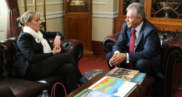 First Minister Peter Robinson with Maíria Cahill  in his office at Parliament Buildings in Stormont yesterday. Photograph: Kelvin Boyes/Press Eye