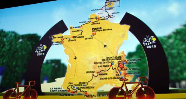 The itinerary for the 2015 Tour de France is seen during its presentation at a news conference in Paris yesterday. The world’s greatest cycling event will start from Utrecht in the Netherlands on July 4th. Photograph: Benoit Tessier/Reuters
