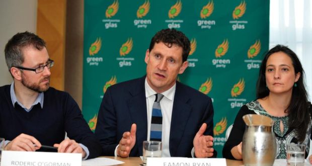 Green Party leader Eamon Ryan (centre pictured with deputy leader Catherine Martin and party chairman Roderic O’Gorman at the launch of their campaign for a referndum on the public ownership of water. Photograph: Aidan Crawley