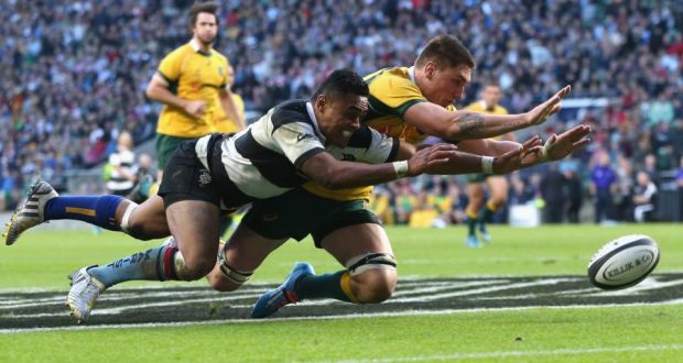  Francis Saili of the Barbarians beats Sean McMahon to the ball to score a try  at Twickenham. Photograph:  David Rogers/Getty Images