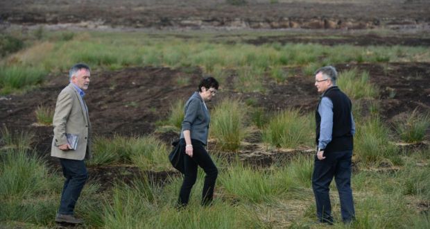 Brendan Megraw’s siblings Kieran (left) and Sean Megraw with sister Deirdre Carnegie on the bog in Oristown, Co Meath where their brother’s remains  was recovered. Photograph: Dara Mac Dónaill/The Irish Times