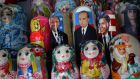 Dolls depicting Russian president Vladimir Putin and US president Barack Obama  on display at a street market in Kiev yesterday.  The leaders of the separatist movements in eastern Ukraine were declared the elected ‘heads’ of the self-proclaimed Donetsk People’s Republic and the Luhansk People’s Republic after winning disputed elections on Sunday. Photograph: Tatyana Zenkovich/EPA 