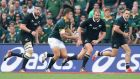 Handre Pollard breaks to score his first try against the All Blacks at Ellis Park last month. Photograph: David Rogers/Getty Images