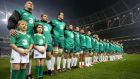 Ireland line up for the South Africa  clash. “The more belief players have in the coach, his game plan and the chances of it succeeding, the more united they will be.” Photo: Dan Sheridan/Inpho