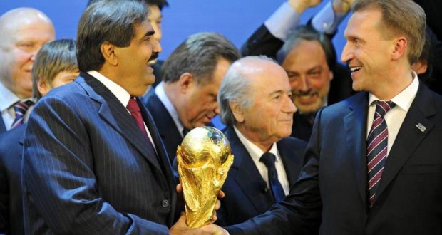 Sheikh Hamad bin Khalifa Al-Thani, Emir of the State of Qatar with Russian deputy prime minster Igor Shuvalov and Fifa president Joseph Blatter (centre) in December 2010 after the announcement of the host nations for the 2018 and 2022 World Cups. Photograph: EPA. 