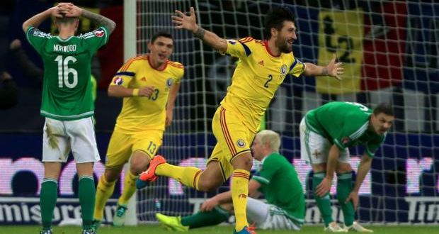 Romania’s Paul Papp celebrates scoring his sides first against Northern Ireland in their Uefa Euro 2016 qualifier at the Arena Nationala, Bucharest.   Photograph:  Nick Potts/PA Wire