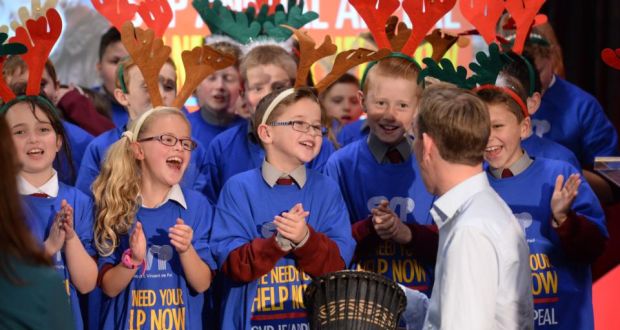 Students from St Margaret’s NS with Ryan Tubridy, at the launch of the Society of St Vincent de Paul annual appeal, in Dublin yesterday. Photograph: Dara Mac Dónaill