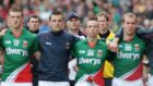 Mayo players, with Liam Horan and his backroom staff in the background, before the All-Ireland football final in 2012, which they lost to Donegal by 2-11 to 0-13. Photograph: Morgan Treacy/Inpho.