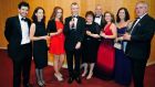Aerogen was named overall winner of the Irish Exporters Association, Export Industry Awards 2014 last night. Pictured from left to right: Jonny Cosgrove, Eileen Duffy, Fiona Power, John Power, Bernadette Power, Simon Donoghue, Eileen Sweeney, Orla McGovern and Tom McGovern. Photograph: Aidan Crawley/The Irish Times