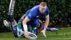  Leinster’s Darragh Fanning scores his first  try against Treviso. Photograph: Giuseppe Fama / Inpho