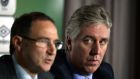 Football Association of Ireland chief executive John Delaney (right) has said he is sorry if his rendition of the republican ballad Joe McDonnell offended anybody and that he does not support violence or believe in every lyric in the song. Photograph: Alan Betson/The Irish Times. 