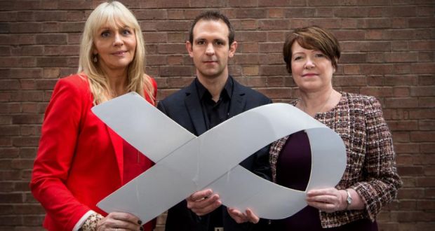  Broadcaster Miriam O’Callaghan, Tom Meagher, Advocate White Ribbon Ireland, and Garda Commissioner Noirin O’Sullivan at the launch in Dublin on Tuesday. Photograph: James Crombie/Inpho