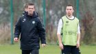 Celtic Manager Ronny Deila and Scott Brown during a training session at Lennoxtown Training Centre, near Glasgow. Photo: Danny Lawson/PA