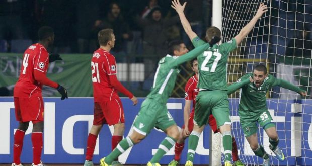 Ludogoret’s Georgi Terziev celebrates his late equaliser against Liverpool in Sofia