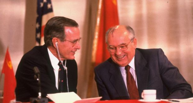 ‘As the Mediterranean Sea was whipped up by winds and rain, the two most powerful men in the world calmly discussed a peaceful future.’ President HW  Bush  and Soviet President Mikhail Gorbachev at a  summit press conference on December 3rd, 1989. (Photo  Dirck Halstead/The LIFE Images Collection/Getty Images