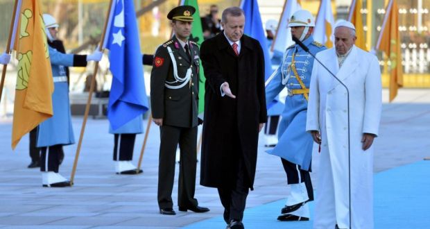 Pope Francis and Turkey’s President Tayyip Erdogan in Ankara: Any illusions about the difficulties of Muslim-Christian, East-West dialogue the pontiff might have had were dispelled by a remarkable statement by the Turkish leader. Photograph: Murat Cetinmuhurdar/Reuters