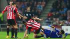 Diego Costa of Chelsea clashes with  John O’Shea of Sunderland during the  Premier League match  at Stadium of Light. Photograph: Alex Livesey/Getty Images
