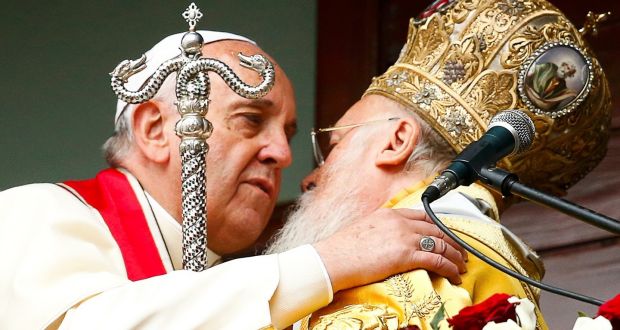 Pope Francis and Ecumenical Patriarch Bartholomew I of Constantinople embrace after the Divine Liturgy at the Ecumenical Patriarchate in Istanbul on Sunday. Photograph: Tony Gentile/Reuters