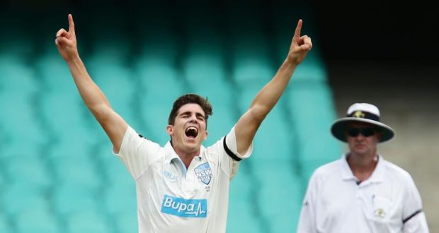 Sean Abbott  celebrates taking the wicket of Nathan Reardon on his return to action for New South Wales