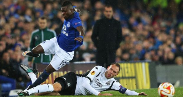Christian Atsu of Everton is tackled by Andreas Granqvist of Krasnodar   at Goodison Park. Photograph:  Alex Livesey/Getty Images