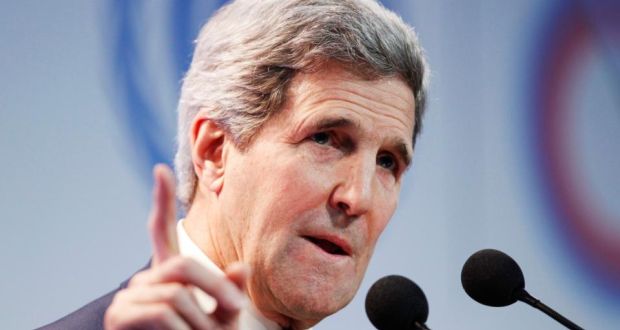 US secretary of state John Kerry speaking in Lima: “We can rise above the debates that have dragged us down . . . for the sake of our children and our grandchildren”. Photograph: Enrique Castro-Mendivil/Reuters
