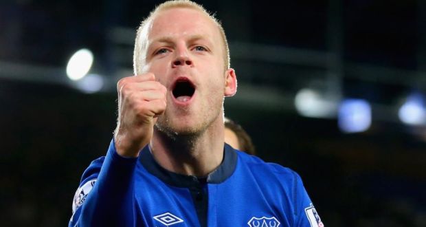  Steven Naismith of Everton celebrates scoring their third goal against  Queens Park Rangers at Goodison Park. Photograph:  Alex Livesey/Getty Images