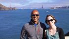 Sarah Tharakan and her husband Nithin at the Golden Gate Bridge in San Francisco