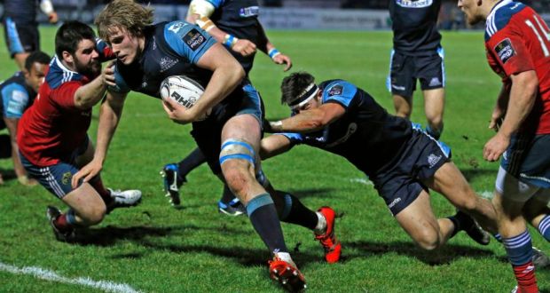 Glasgow Warriors’ Jonny Gray goes over for the winning try in the Guinness Pro12 clash against Munster at  Scotstoun. Photograph: Russell Cheyne/Inpho