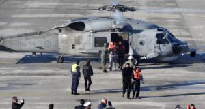 Seven passengers from the Greek ‘Norman Atlantic’ ferry arrive by helicopter at the Corfu airport, in Corfu, Greece. Photograph: Maria Torza/EPA 