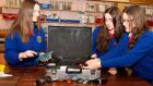 Amy McArdle, Ciara Babington and Caoimhe Mc Evoy-Warr from St Vincent’s secondary school, Dundalk, Co Louth. They tested a variety of sunglasses to determine how well they filtered out harmful UV rays 