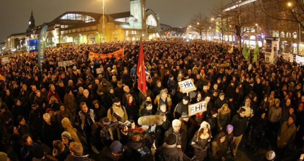 A protest against the right-wing movement Pegida (Patriotic Europeans against the Islamisation of the Occident) in Hamburg. Photograph: Bodo Marks/EPA
