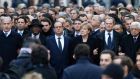 Political leaders walking in solidarity after the attacks in  Paris. Photograph: EPA