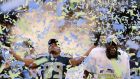 Seattle Seahawks wide receiver Doug Baldwin (L) celebrates as confetti falls after the Seahawks defeated the Packers to win the NFC Championship Playoffs game at CenturyLink Field in Seattle. (Photograph: EPA/JOHN G. MABANGLO)