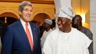 US secretary of state John Kerry with Nigerian president Goodluck Jonathan at the state house in Lagos today. Photograph: Akintunde Akinleye/Reuters